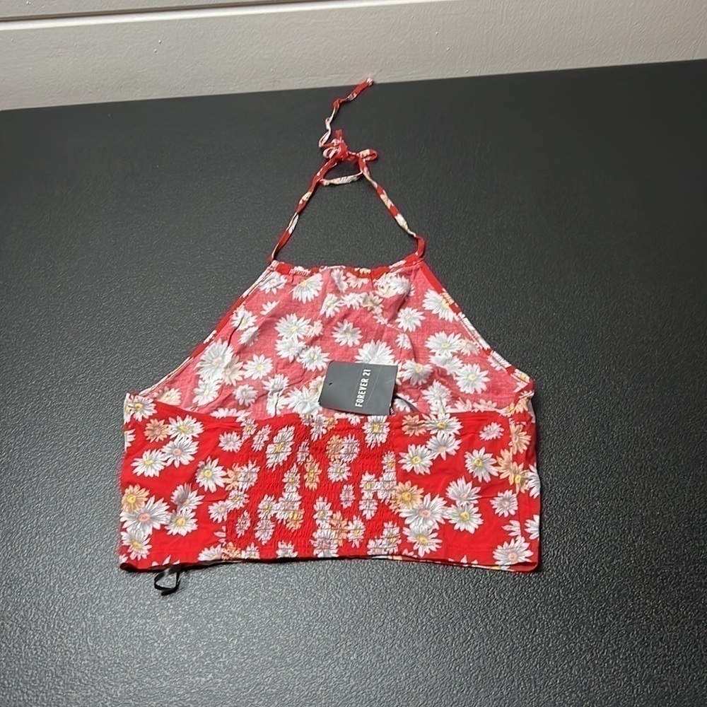 FOREVER 21 NWT Red & Yellow Floral Woven Halter Top SZ Medium - Picture 2 of 4